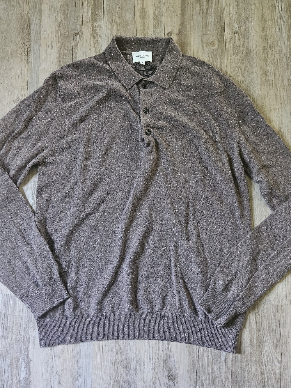 Octobre Editions Men's Brown Wool Silk Long-Sleeve Knit Polo Sweater Large